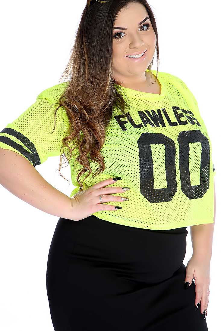 Neon Yellow Graphic Design Perforated Casual Plus Size Top