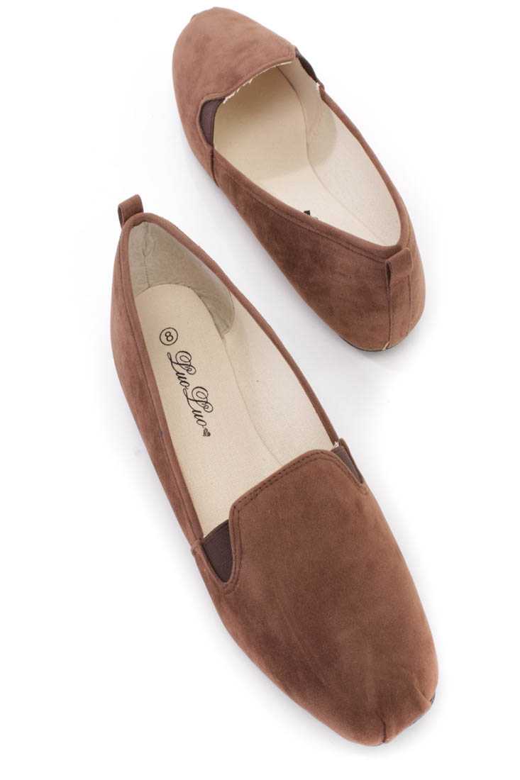 Brown Slip On Loafer Flats Faux Suede