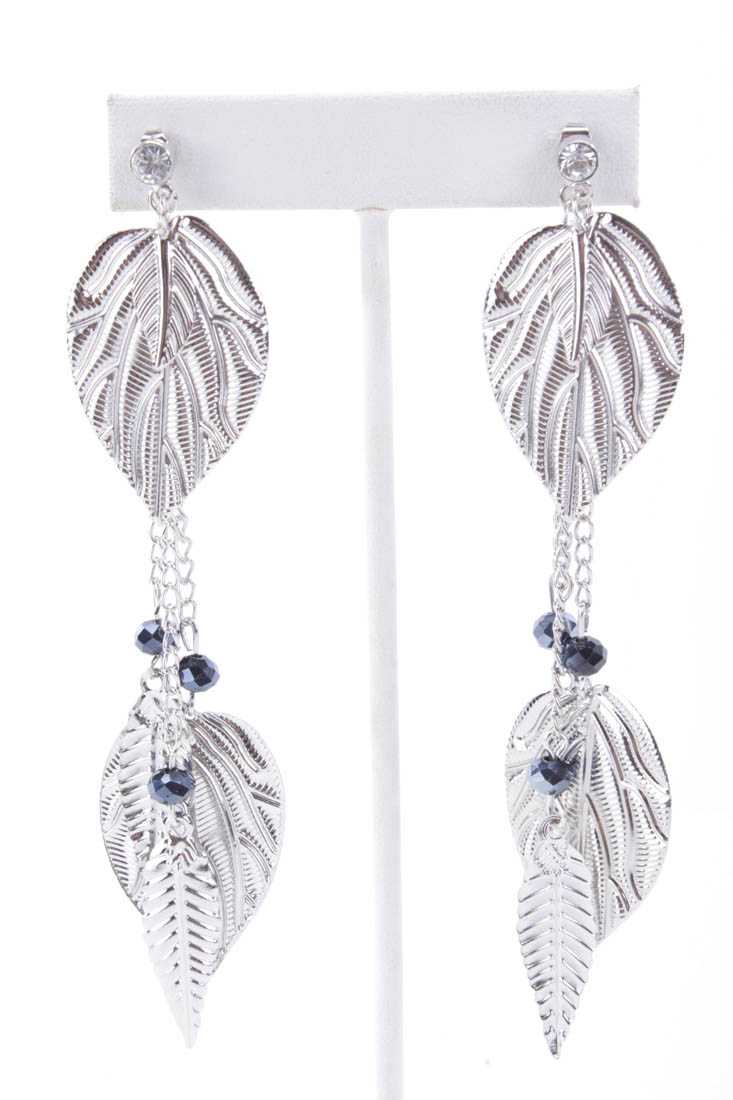 Blue Silver Textured Leaf Chain Beaded Earrings