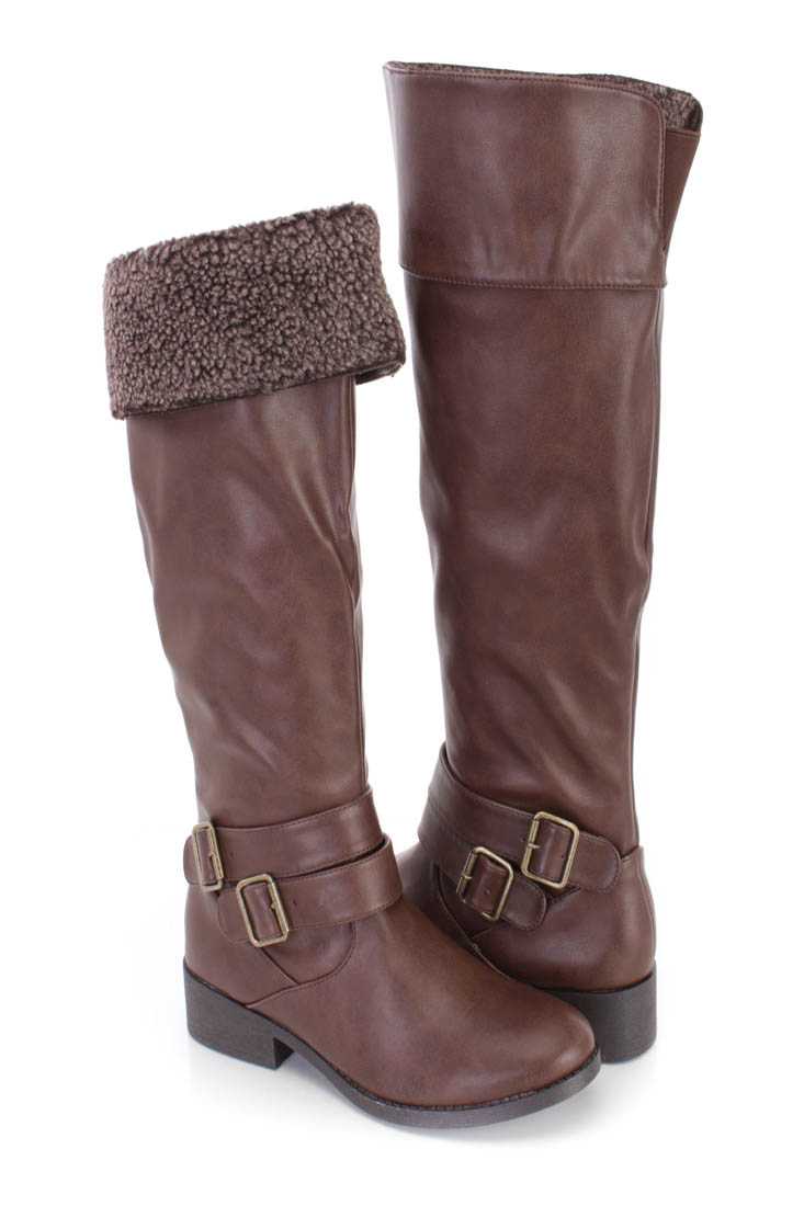 Brown Faux Shearing Cuffed Riding Boots Faux Leather