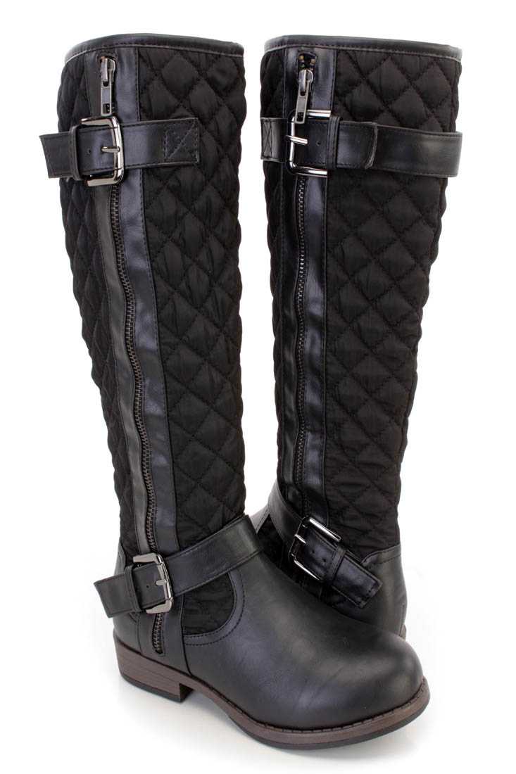 Black Stitched Quilted Strappy Riding Boots Nylon