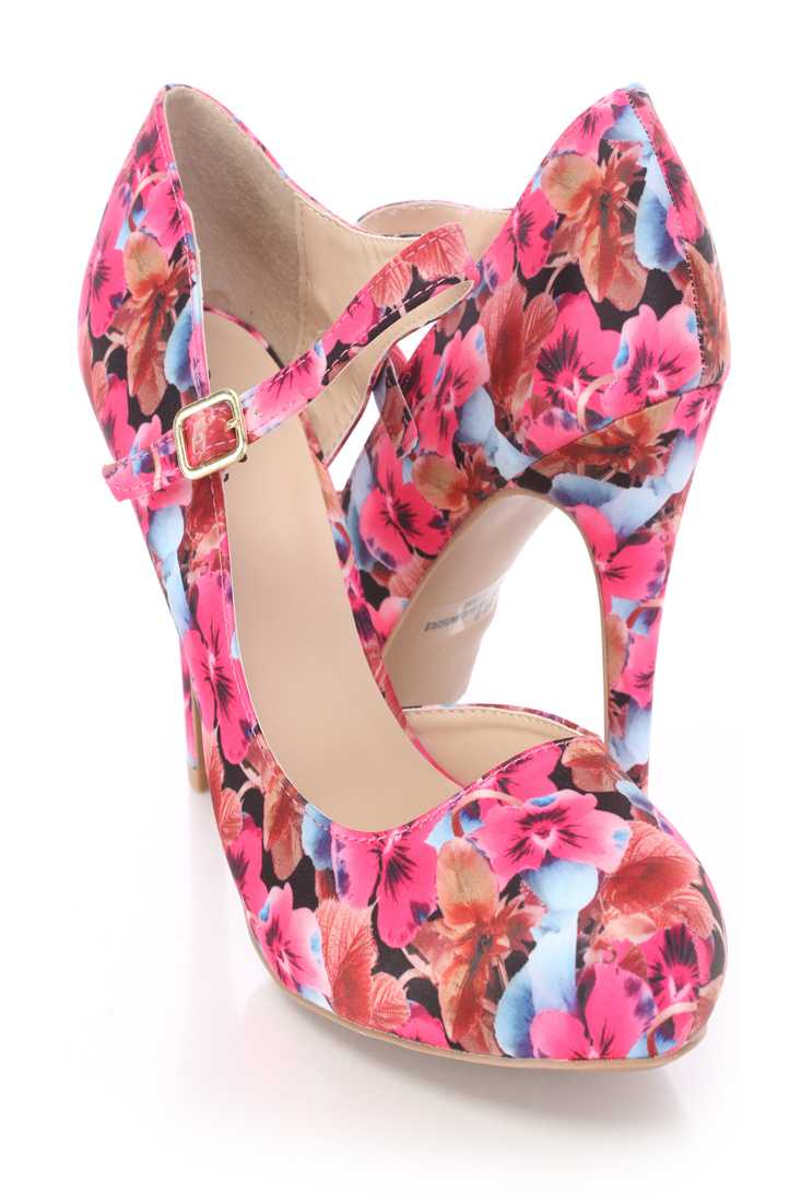 Fuchsia Floral Print D-Orsay Maryjane High Heels Fabric