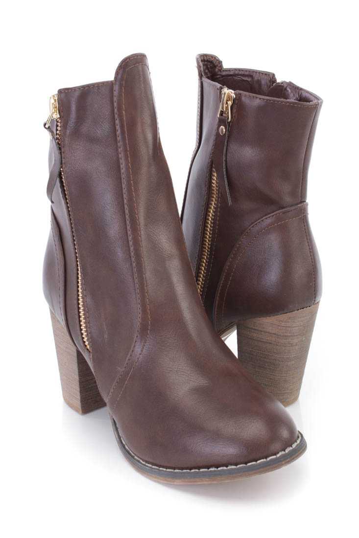 Brown Outer Side Zipper Ankle Booties Faux Leather
