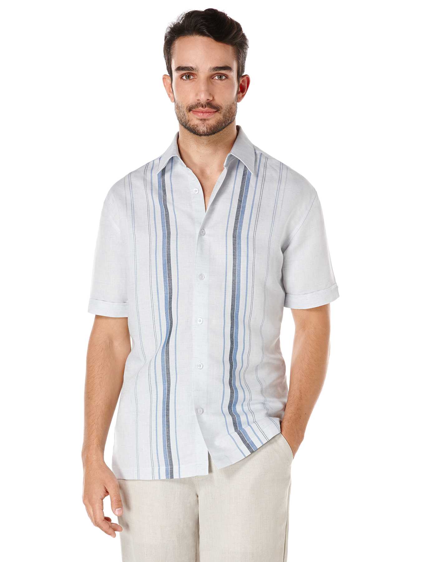 Cubavera Linen Short Sleeve Front Placket Engineered Stripe