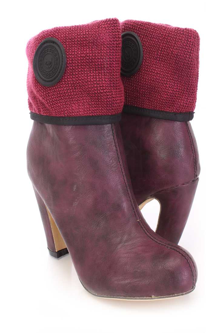 Burgundy Knitted Cuffed Booties Faux Leather