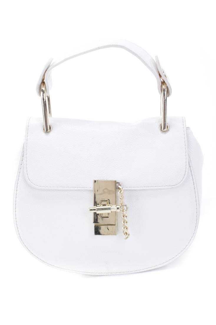 White Crinkled Faux Leather High Polish Twist Lock Handbag