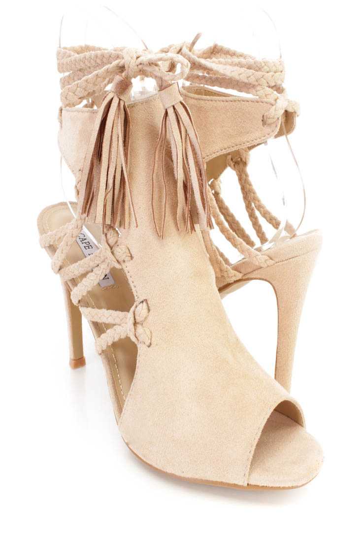 Nude Wrap Around Braided Strappy Single Sole High Heels Faux Suede