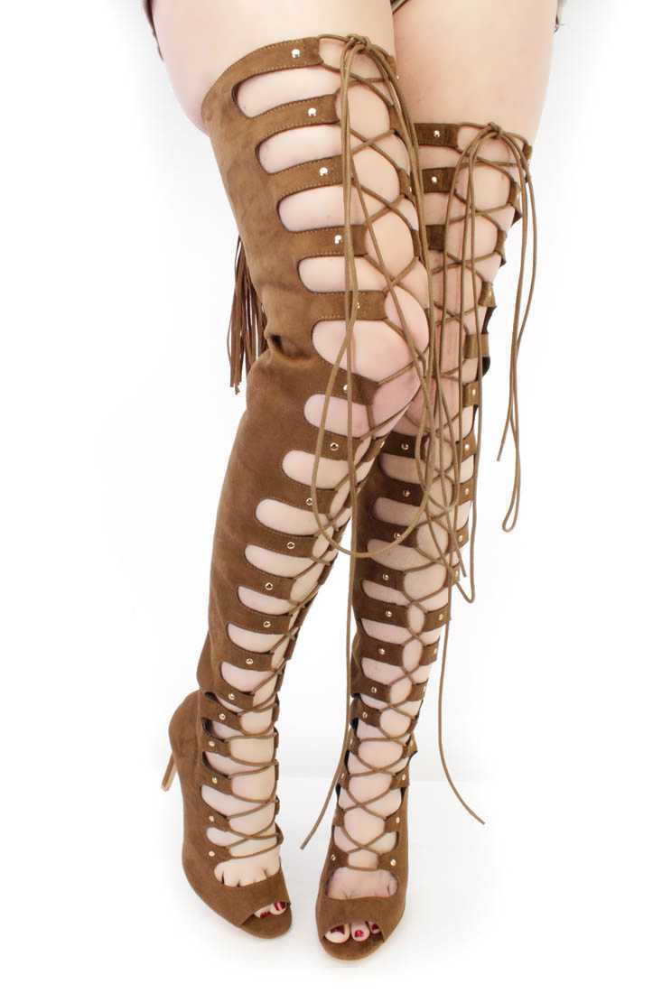 Olive Lace Up Thigh High Heel Boots Faux Suede