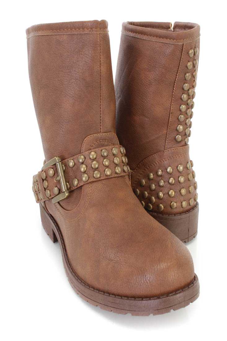 Brown Studded Buckle Strap Ankle Booties Faux Leather