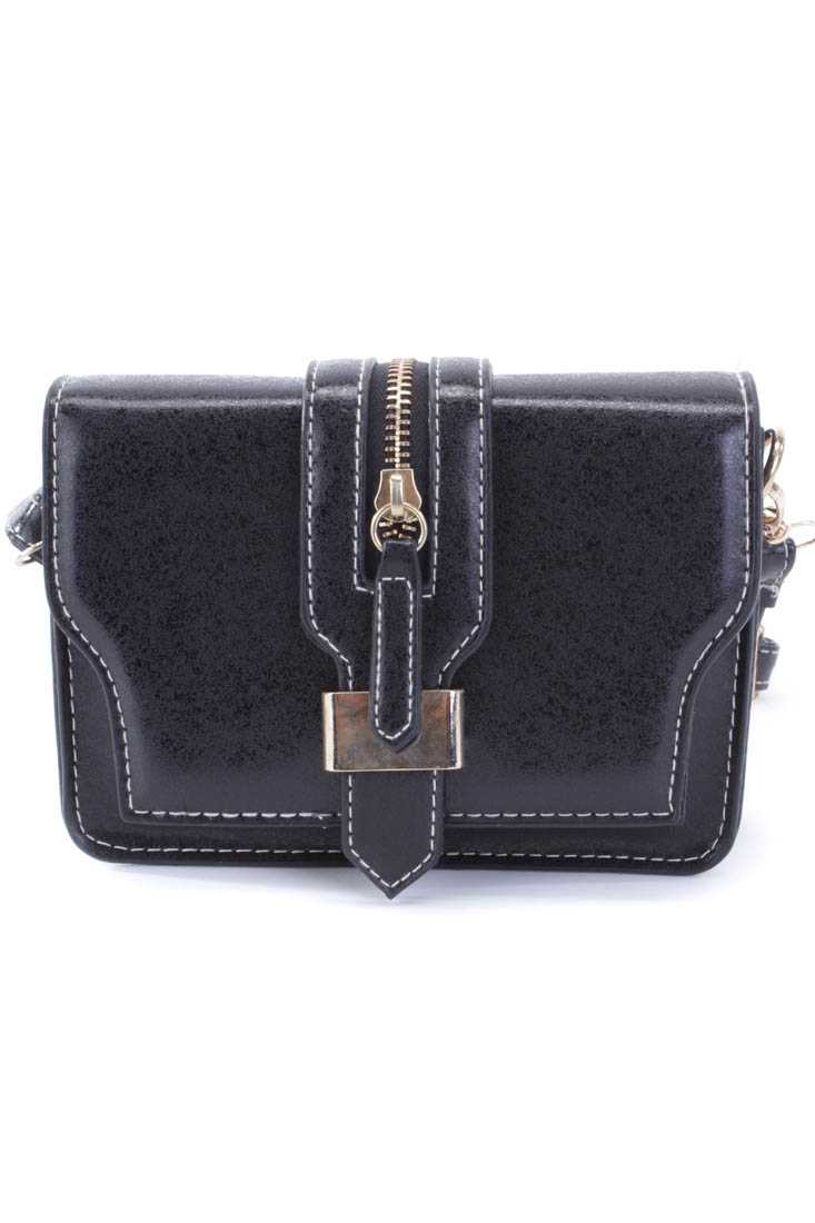 Black Faux Leather Zipper Accent Handbag