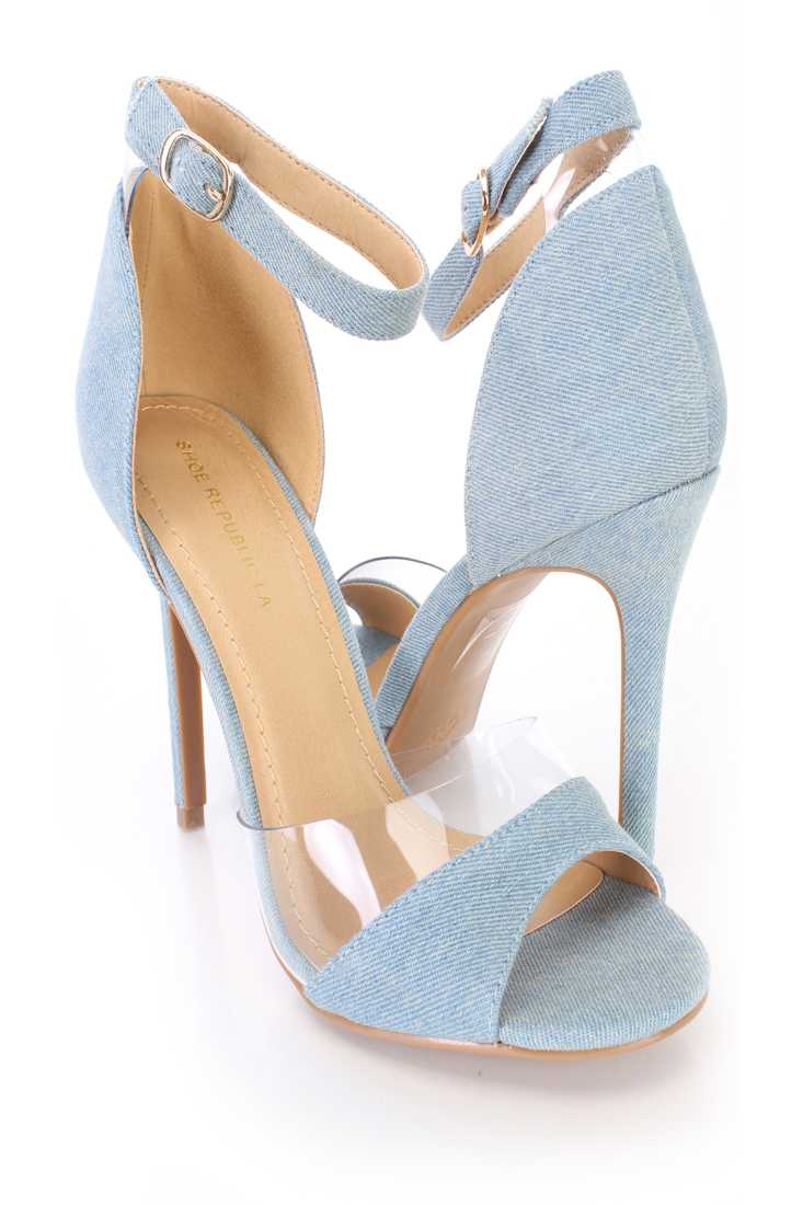 Blue Clear Trim Peep Toe Single Sole High Heels Denim