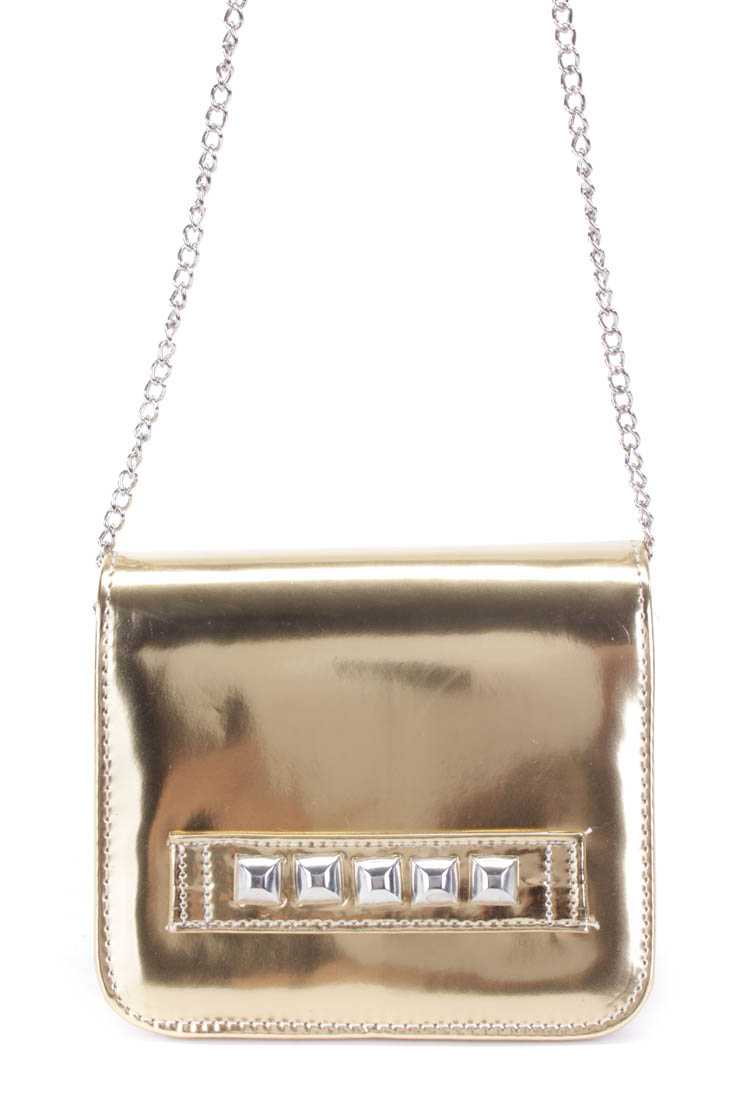 Gold Patent Faux Leather Chain Strap Studded Handbag
