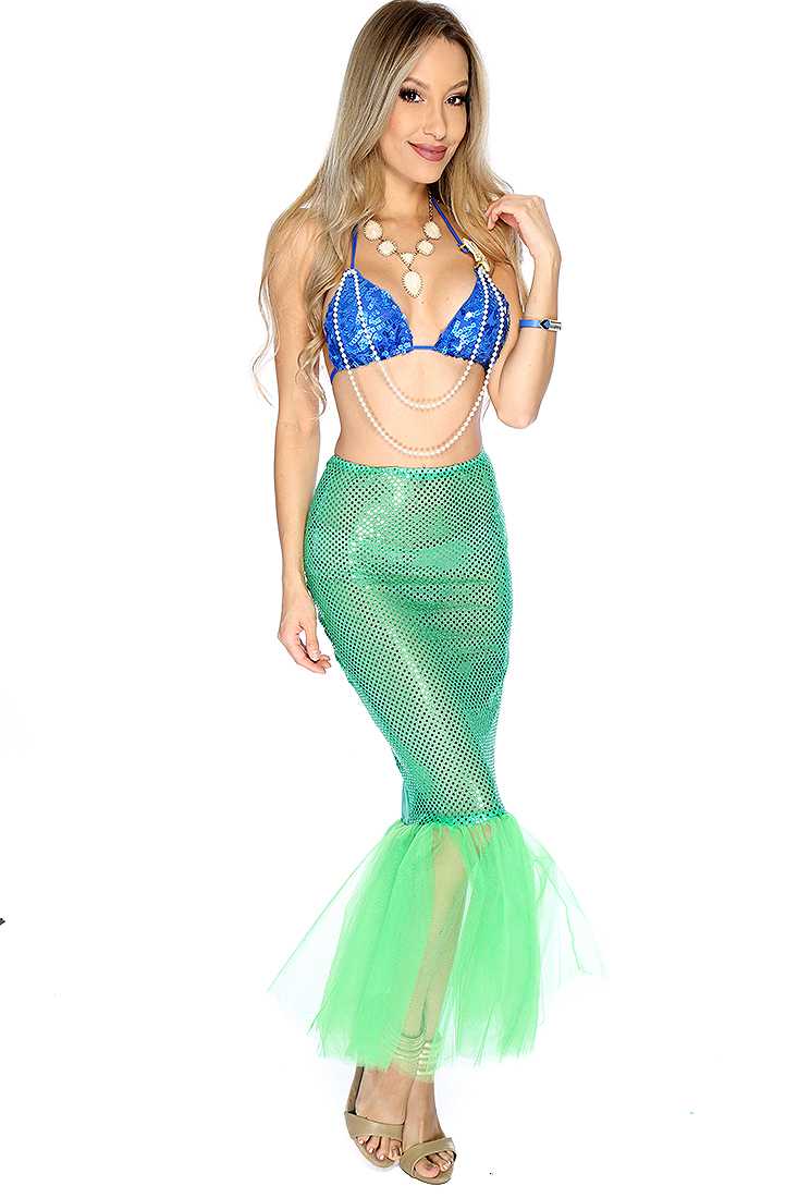 Royal Blue Green Sequin Faux Pearl 2.Piece Mermaid Costume