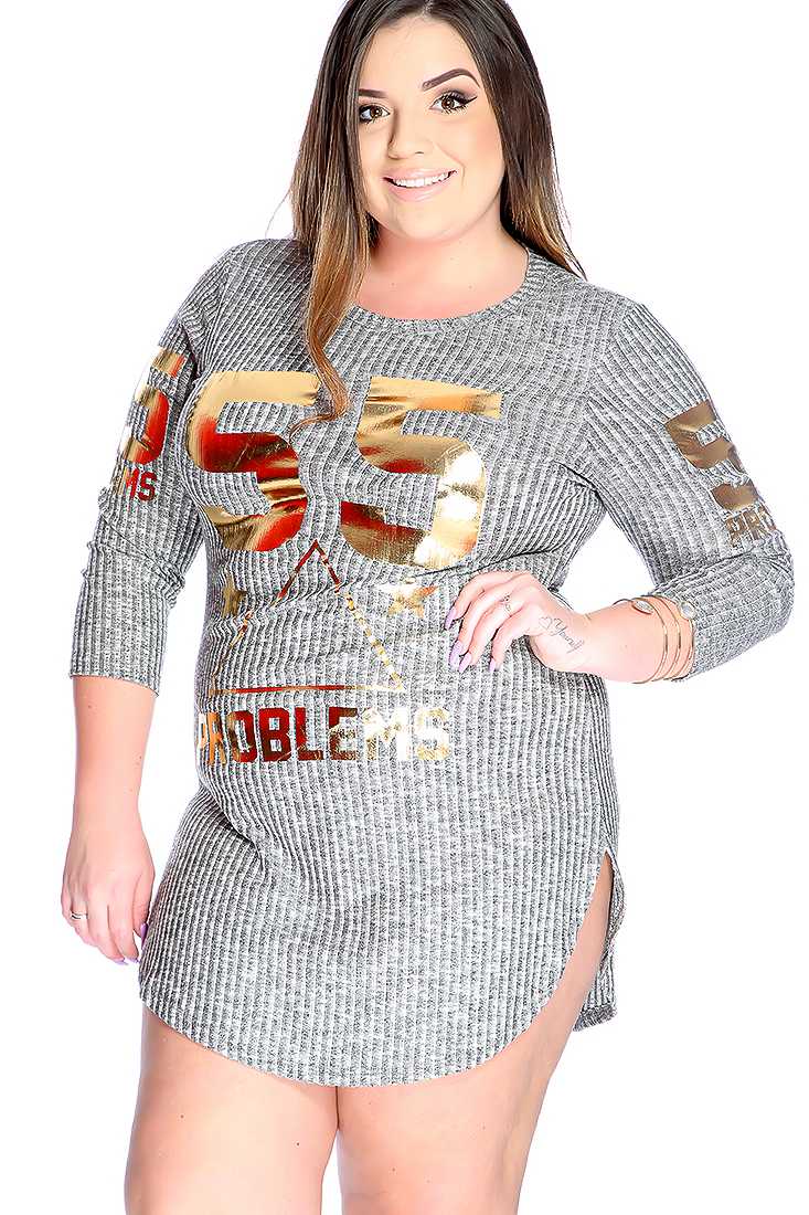 Casual Black Quarter Sleeve Metallic Graphic Print Plus Size Dress