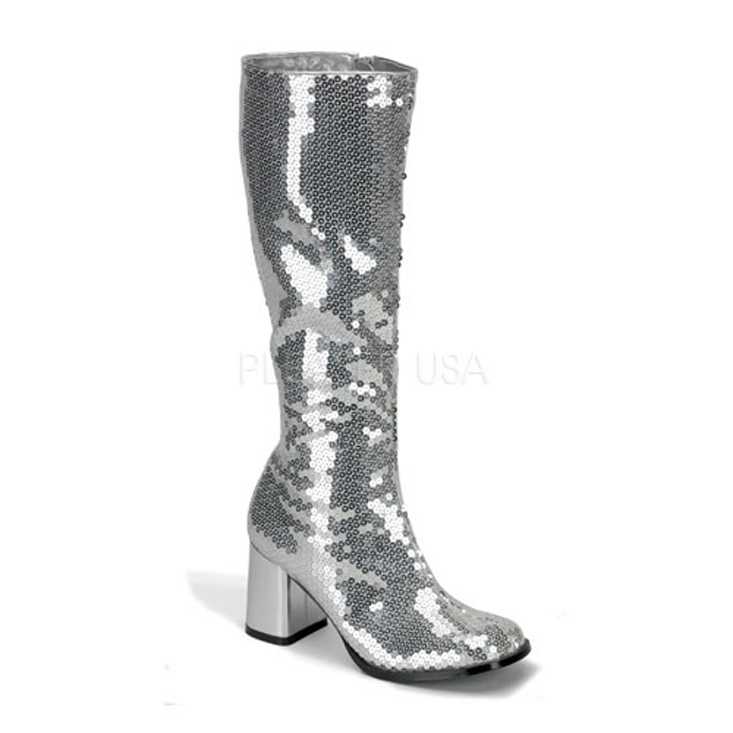 Silver Sequins Chunky Heel Knee High Boots
