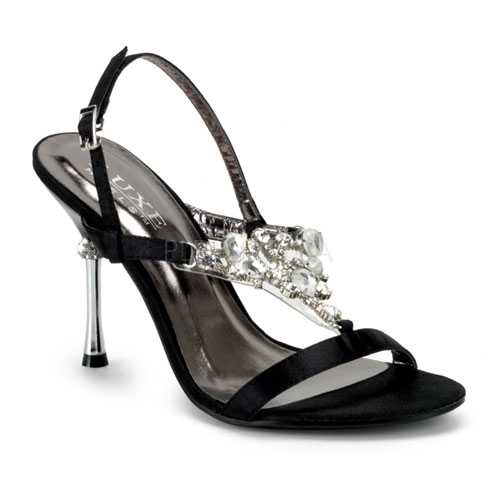 Black Rhinestone T-Strap Single Sole Heels Satin
