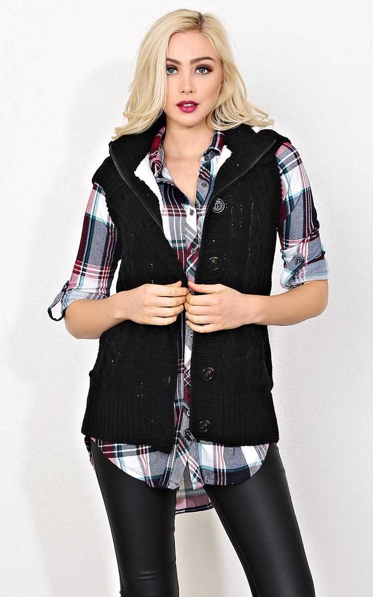 Trina Cable Knit Fur Lined Vest - SML - Black in Size Small by Styles For Less