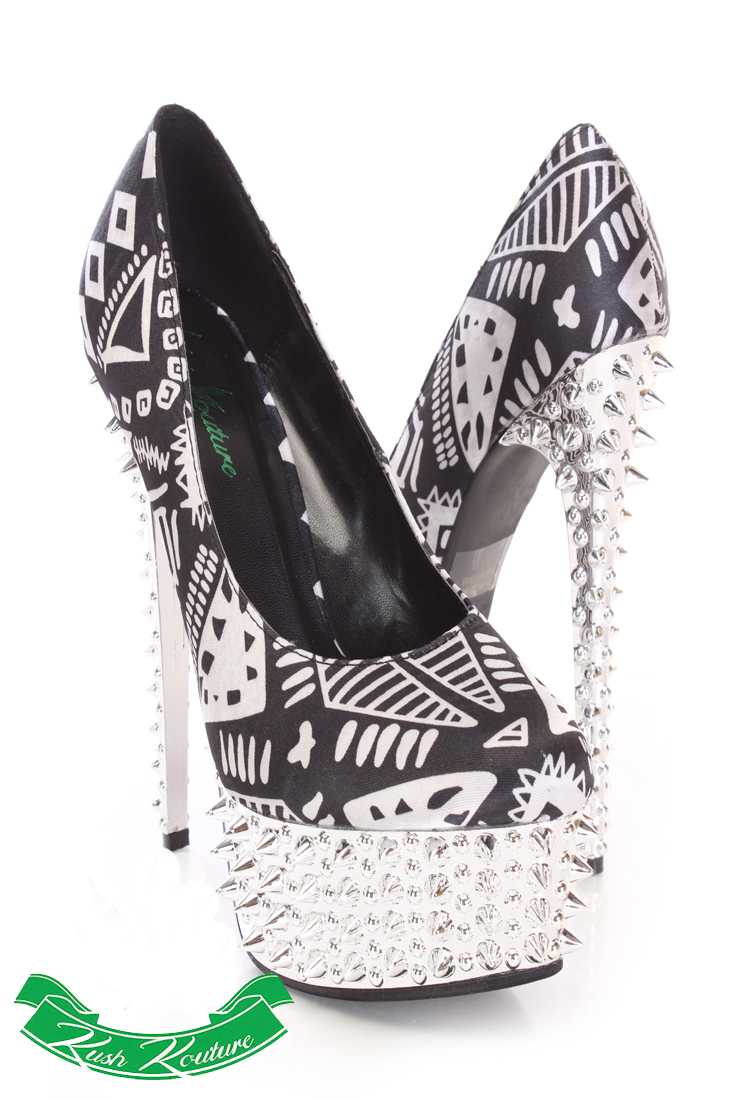 Black White Printed Pump High Heels Fabric