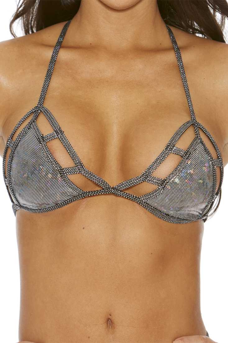 Black One Piece Sparkle B Dazzle Hologram Strappy Triangle Top