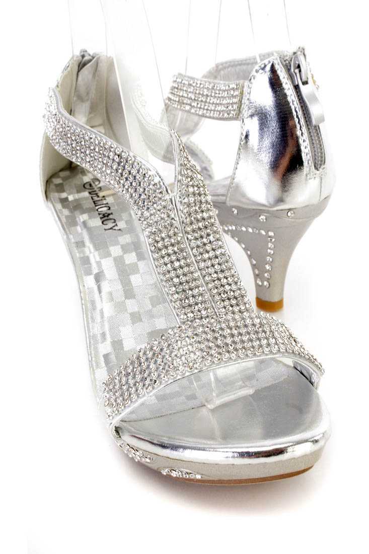 Silver Rhinestone T Strap Kitty Heels Faux Leather