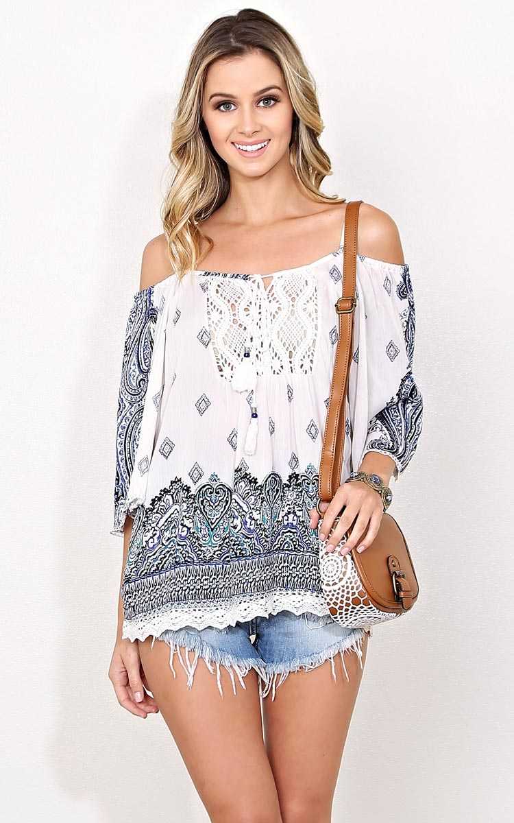 ANGIE Cold Shoulder Border Tunic - - White Combo in Size by Styles For Less