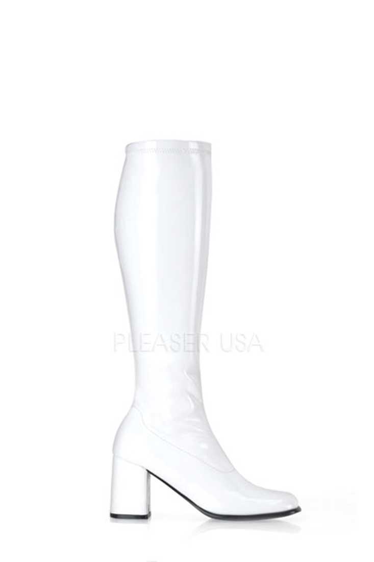 White Chunky Heel GoGo Boots Patent Faux Leather