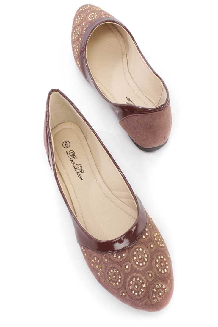 Brown Crochet Rhinestone Detailing Ballerina Flats