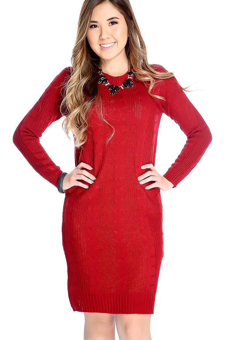 Wine Long Sleeve Open Knit Casual Sweater Dress