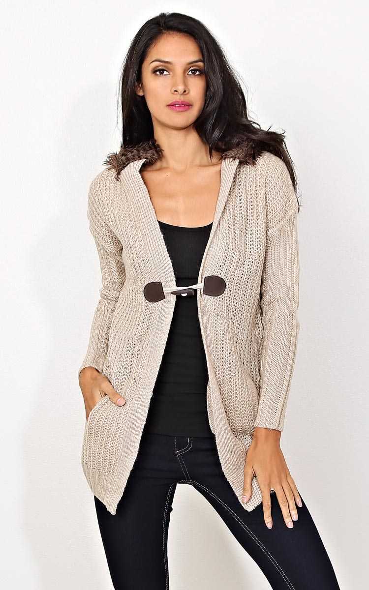 Fur Trim Brushed Knit Toggle Sweater - - Tan in Size by Styles For Less
