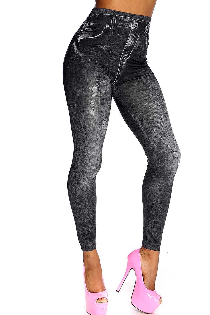 Sexy Yoga Pants Black Acid Wash Print High Waist Jeggings