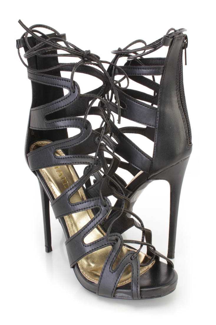 Black String Tie Lace Up Single Sole High Heels Faux Leather