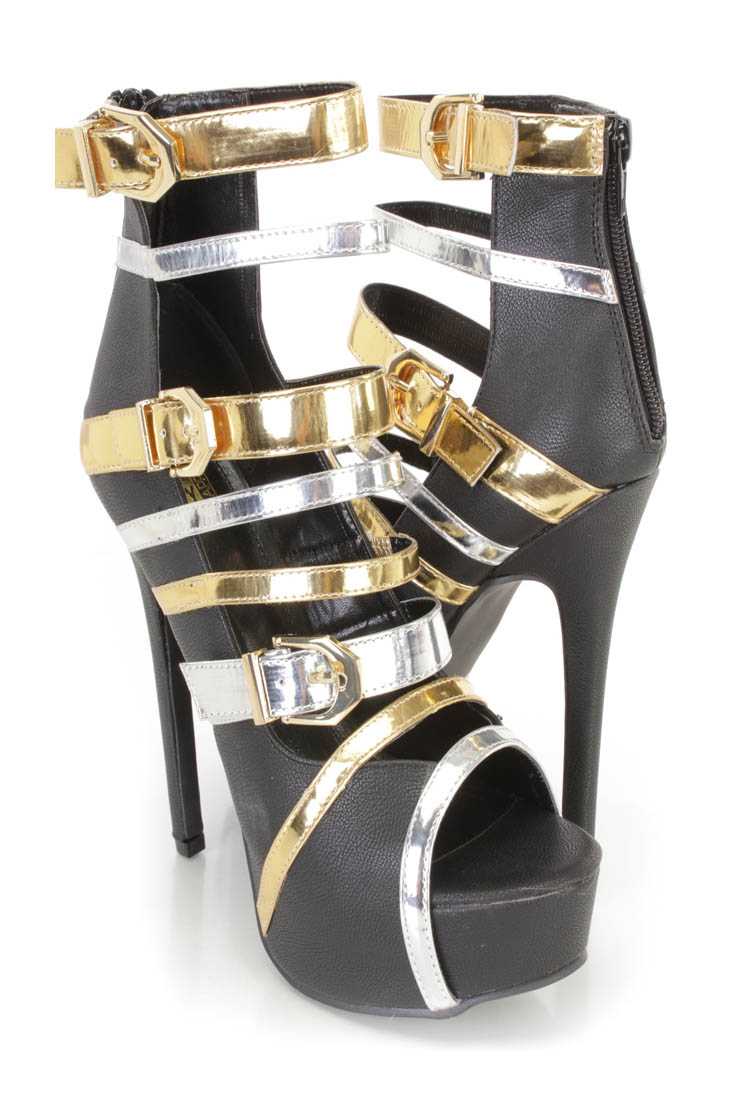 Black Metallic Strappy Platform Booties Faux Leather