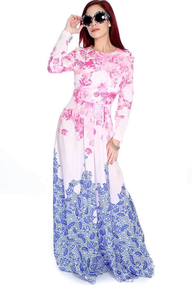 Sexy Pink Blue Long Sleeve Flower Print Maxi Cocktail Dress