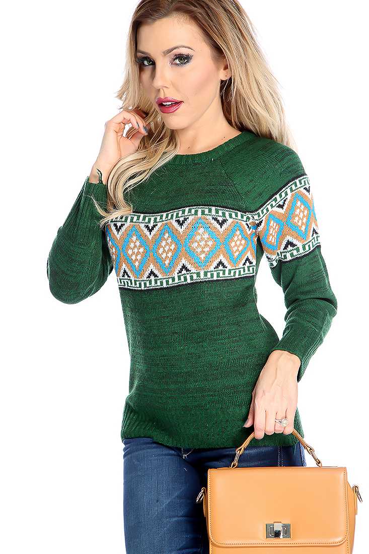 Stylish Green Long Sleeve Tribal Print Sweater Top