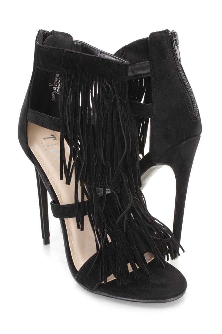Black Fringe Strappy Single Sole Heels Faux Suede