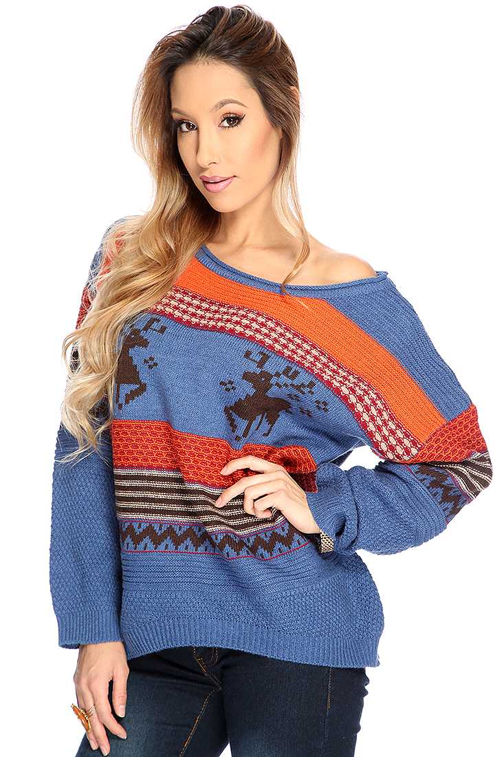 Navy Orange Knitted Fair Isle Sweater