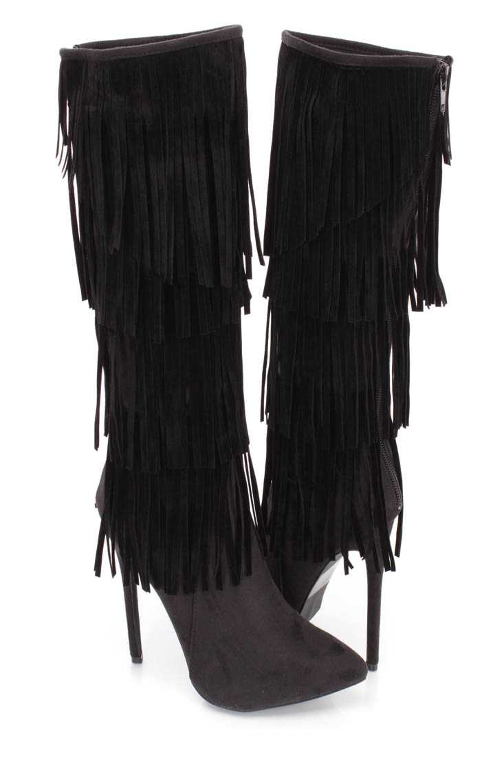 Black Fringe Tiered Heel Boots Faux Suede