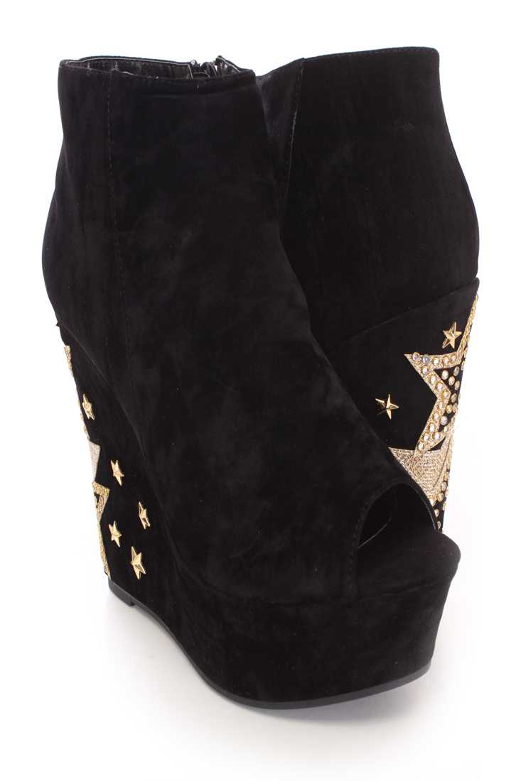 Black Peep Toe Wedges Faux Suede