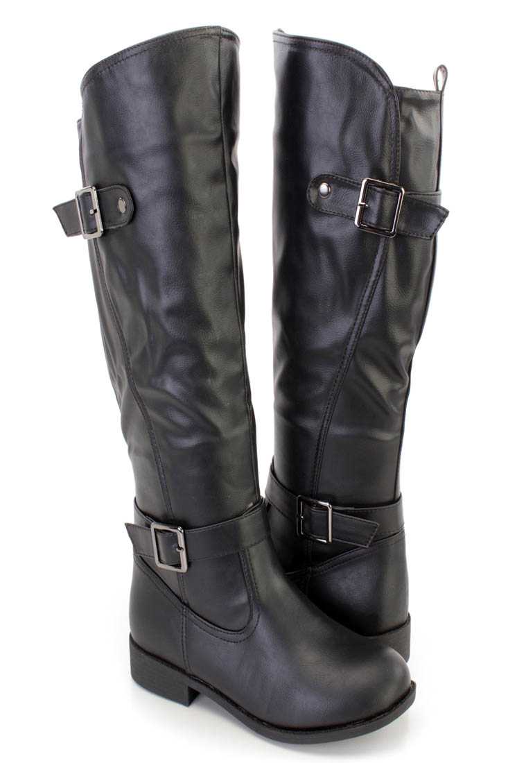 Black Strappy Knee High Riding Boots Faux Leather