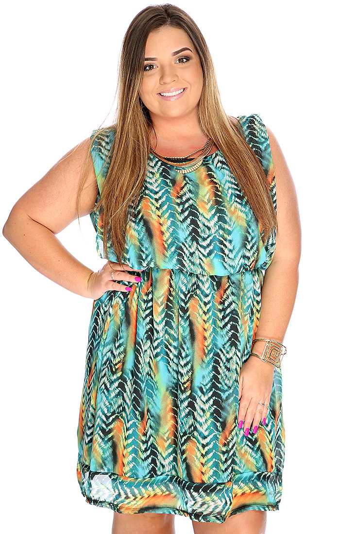 Sexy Teal Water Color Print Sleeveless Plus Size Casual Dress