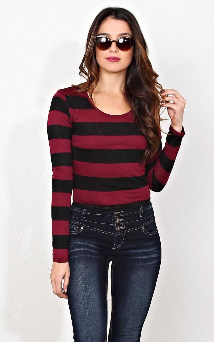 Striped Long Sleeve Crop Top - XSML - Wine Combo in Size XSmall by Styles For Less