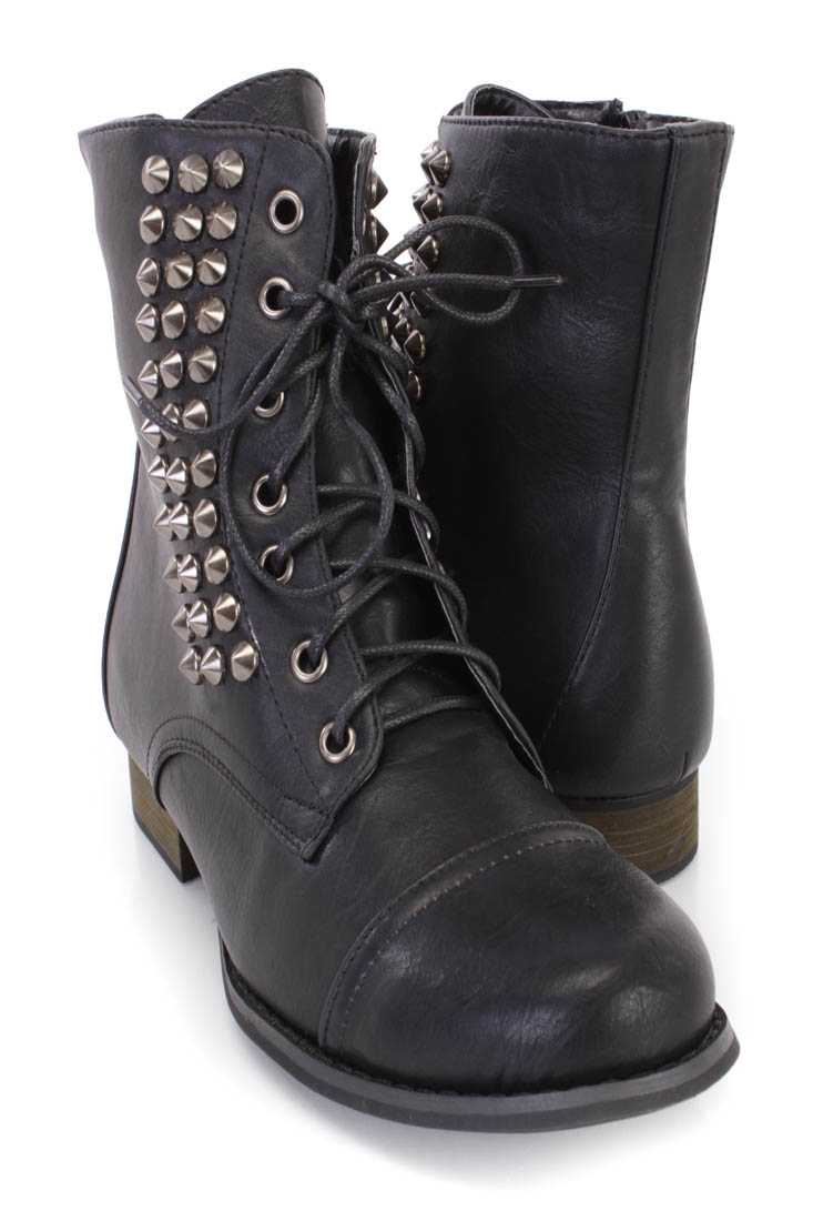 Black Lace Up Studded Ankle Booties Faux Leather