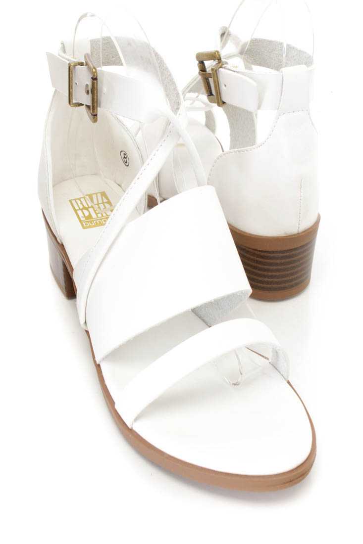 White Strappy Chunky Heel Sandals Faux Leather