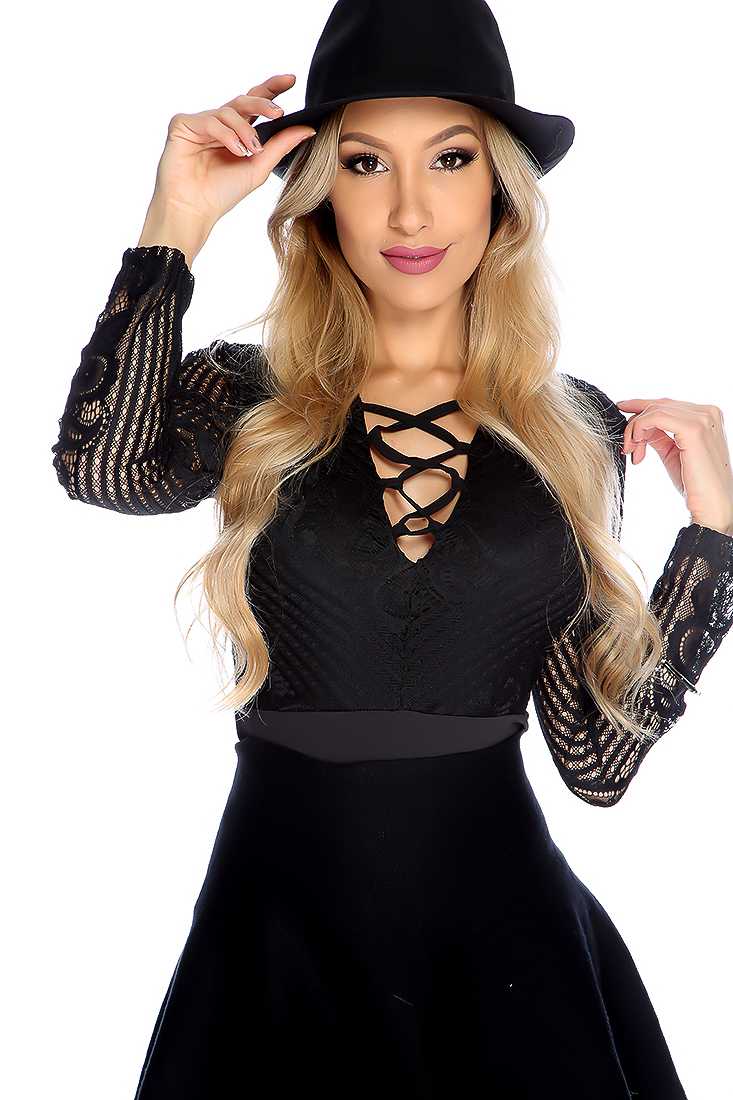 Sexy Black Long Sleeve Strappy Front Bodysuit