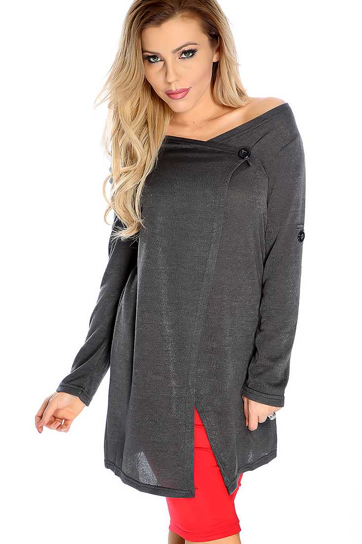 Stylish Charcoal Long Sleeve Button Detail Sweater