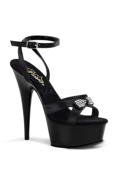 Black Satin Strappy Rhinestone Bow High Heels