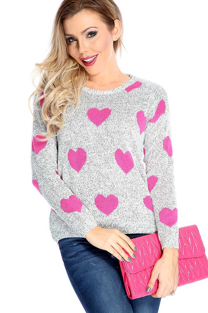 Stylish Fuchsia Grey Long Sleeve Heart Print Sweater Top