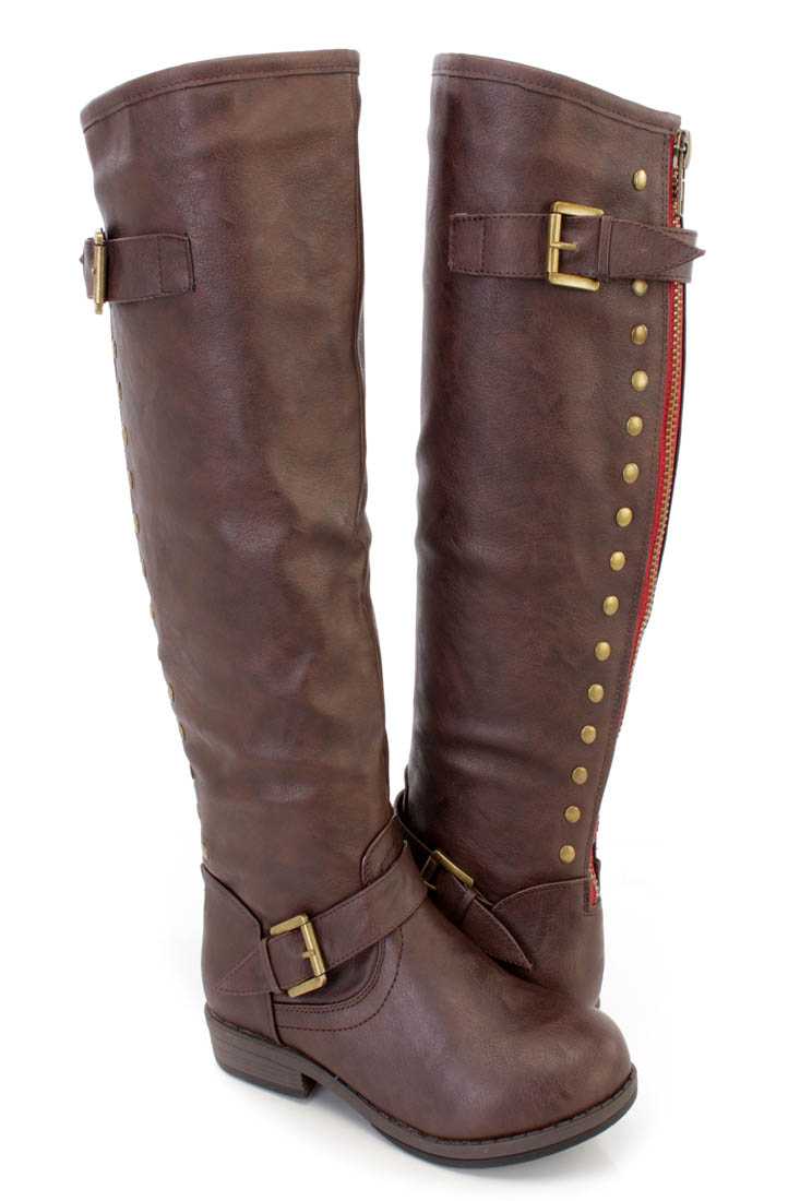 Brown Studded Knee High Riding Boots Faux Leather
