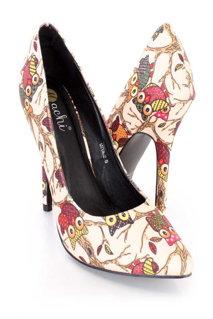 Pink Owl Pattern Single Sole Pump High Heels Fabric