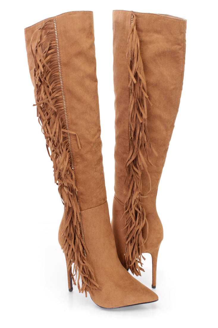 Camel Fringe Single Sole High Heel Boots Faux Suede